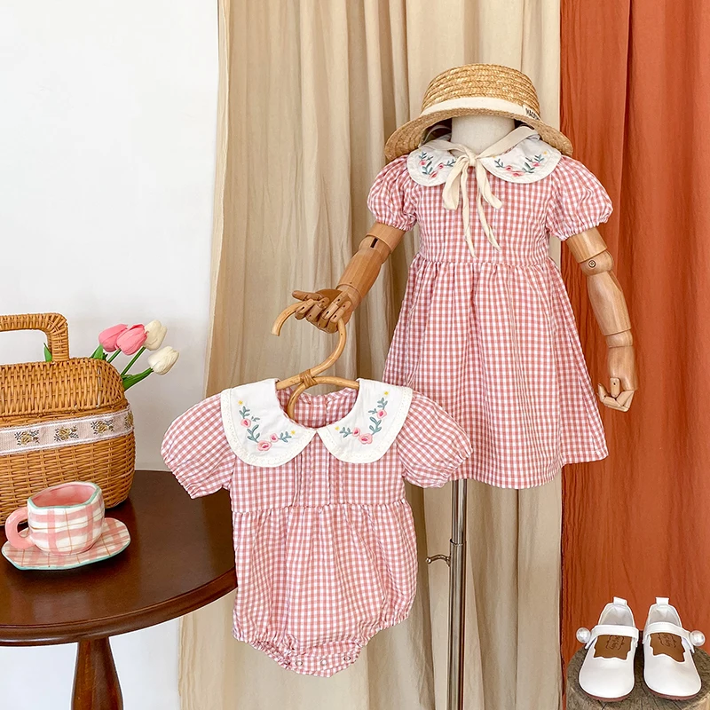Baby Jumpsuit Cotton  Toddler Baby Girls Grid Embroidery Dresses Summer Girl Baby Romper Infant Children Cotton Short Sleeve One-piece Romper Baby Bodysuits are cool