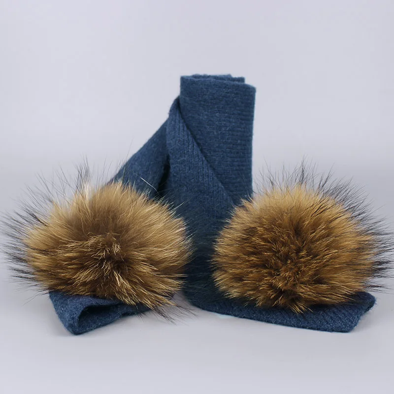 New Real Fur Pom Poms Winter Wool Hat And Scarf Set For Women Children Girl Cute Hat Knitted Warm Beanies Soft Thick Scarves Set - Цвет: BB