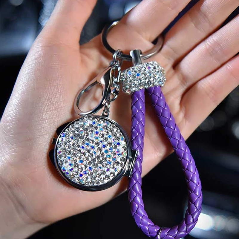 Purpel 1 Pcs 1 шт. Высококачественный винтажный кожанный браслет автомобильный брелок кристалл держатель для ключей футляр для хранения колец натуральная сумка подвеска с зеркалом - Название цвета: Purpel 1 Pcs