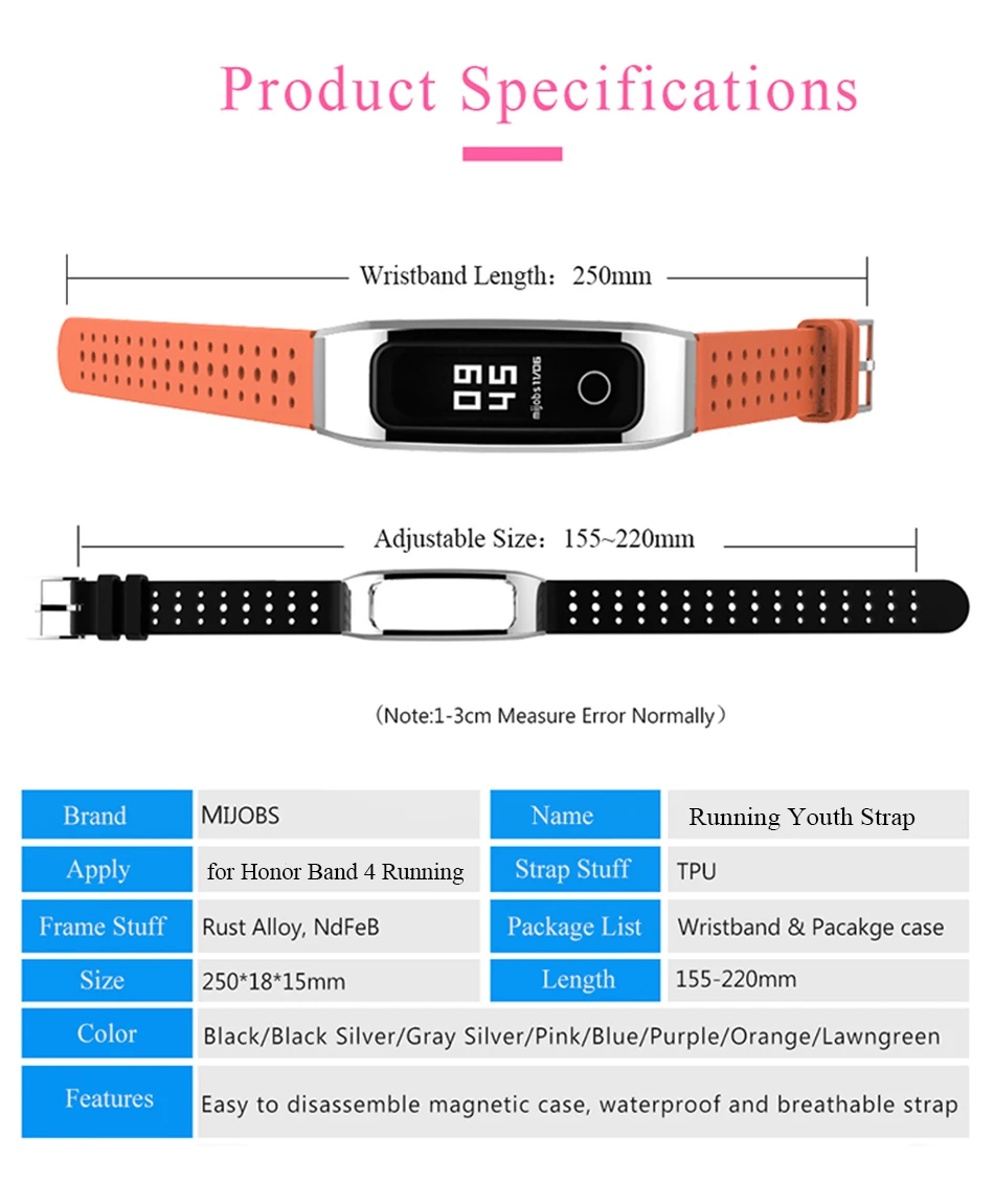 Mijobs магнитное Силиконовое Сменное кольцо для huawei Honor Band 4 версия для бега цветной водонепроницаемый ремешок для часов для huawei