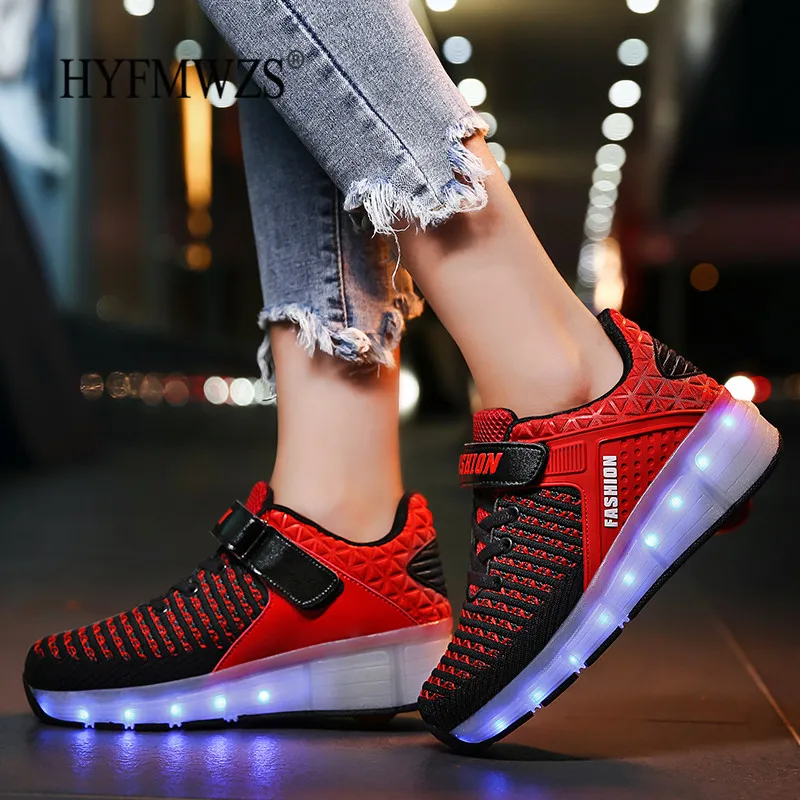 HYFMWZS Модные светодиодный Heelys обувь из дышащего материала, детское платье из двух спортивная обувь Съемная Детские Тонкие Туфли ролики срок производства тиража: 30-40