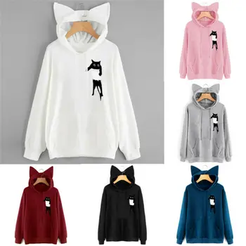 

New Girls Cute Cat Ears Casual Cotton Sweatshirt Women Warm Long Sleeve Pullover Hooded Autumn Hoodies Plus Size