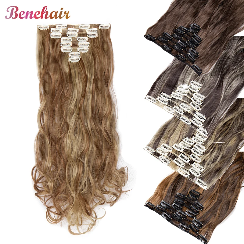 BENEHAIR Synthetic 24'' Long Wavy Clip In Hair Extension 140g Hair Piece 8Pcs/set Clips Pink Purple Blonde False