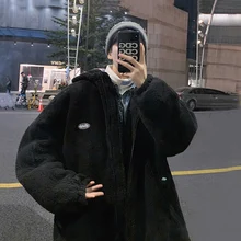 Winter new style all-match neutral style lamb wool hooded padded jacket thickened casual widened jacket men