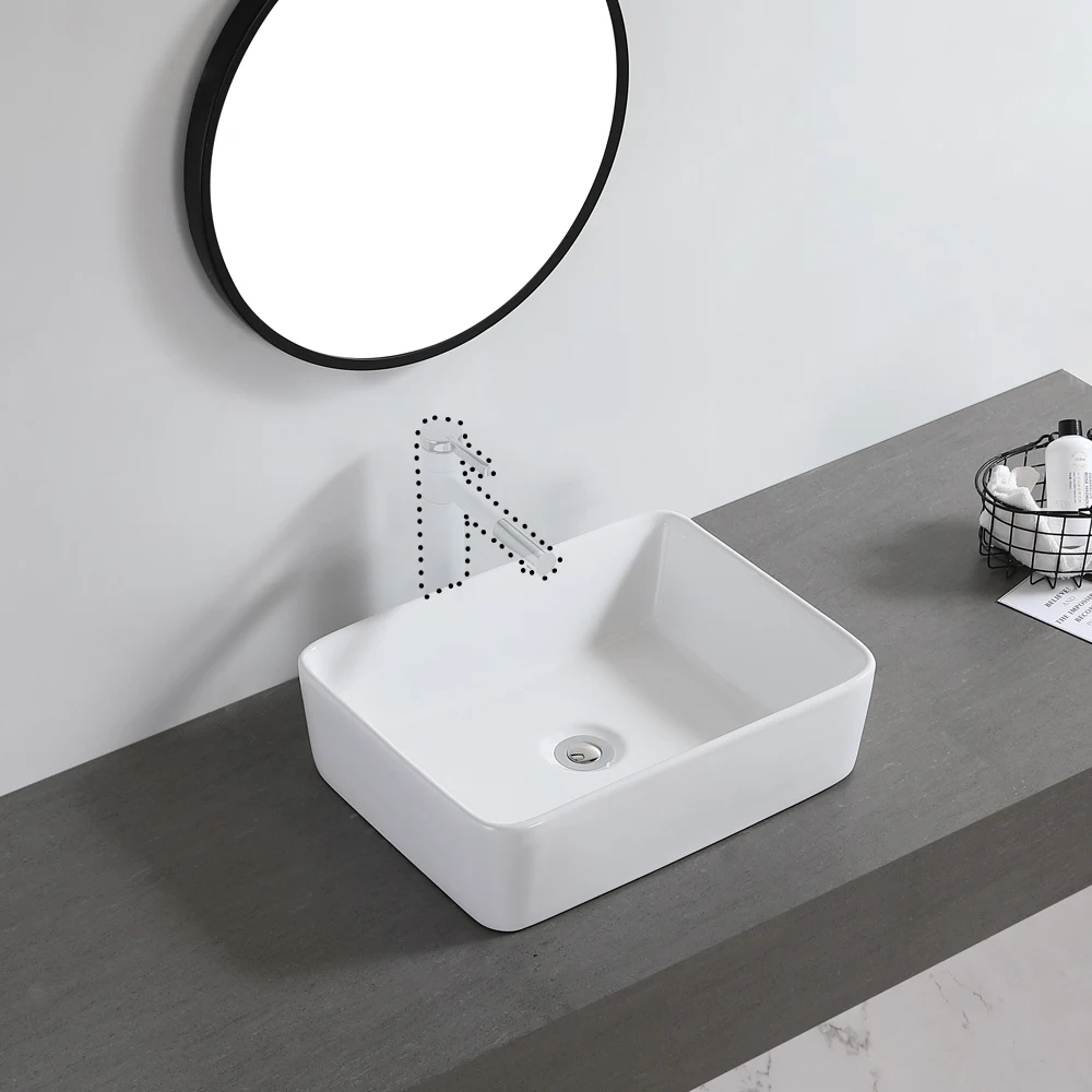 

Beveled Rectangle White Ceramic Vessel Sink - Modern Above Counter Bathroom Vanity Bowl