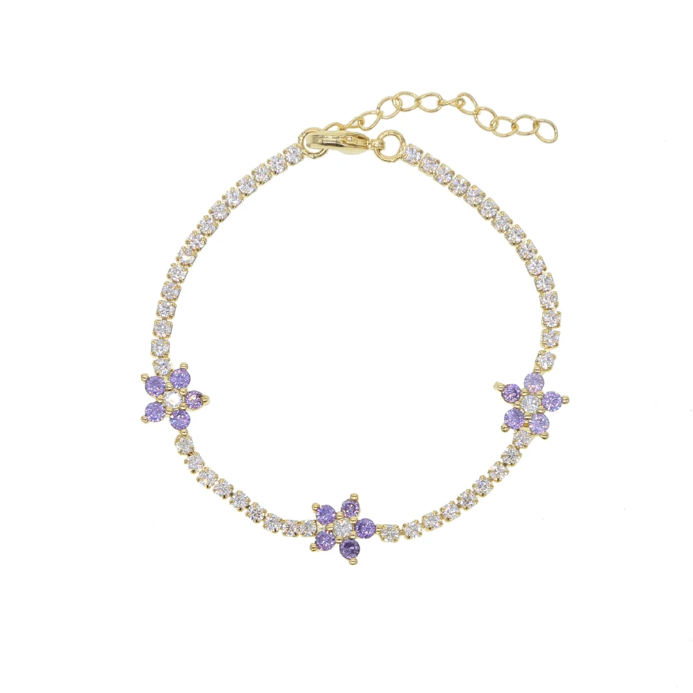 Высокое качество Тонкий Теннис Cz цепи пастельные красочные цветок маргаритки Шарм Элегантный женский браслет ожерелье комплект ювелирных изделий - Окраска металла: purple bracelet