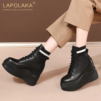

Lapolaka New Arrivals 2021 Genuine Leather Height Increasing Boots Women Shoes Platform Lace Up Luxury Ankle Booties Ladies