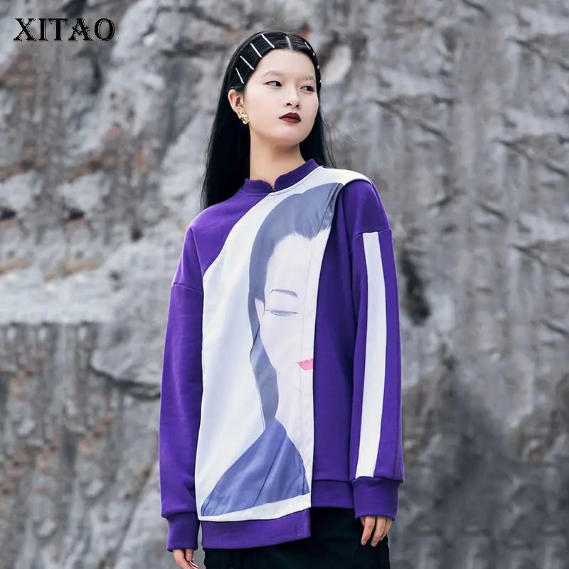 

XITAO Spring and Autumn 2020 New Sweatshirt Vintage Print Splice Women Clothes Irregular Hem Trend Tops Loose Streetwear XJ3470