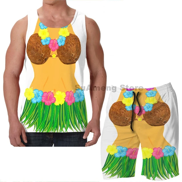 Summer men Tank Tops Women Full Body Hula Dancer Shirt With Lei Flowers Grass  Skirt Coconut Bra men beach shorts women sets - AliExpress