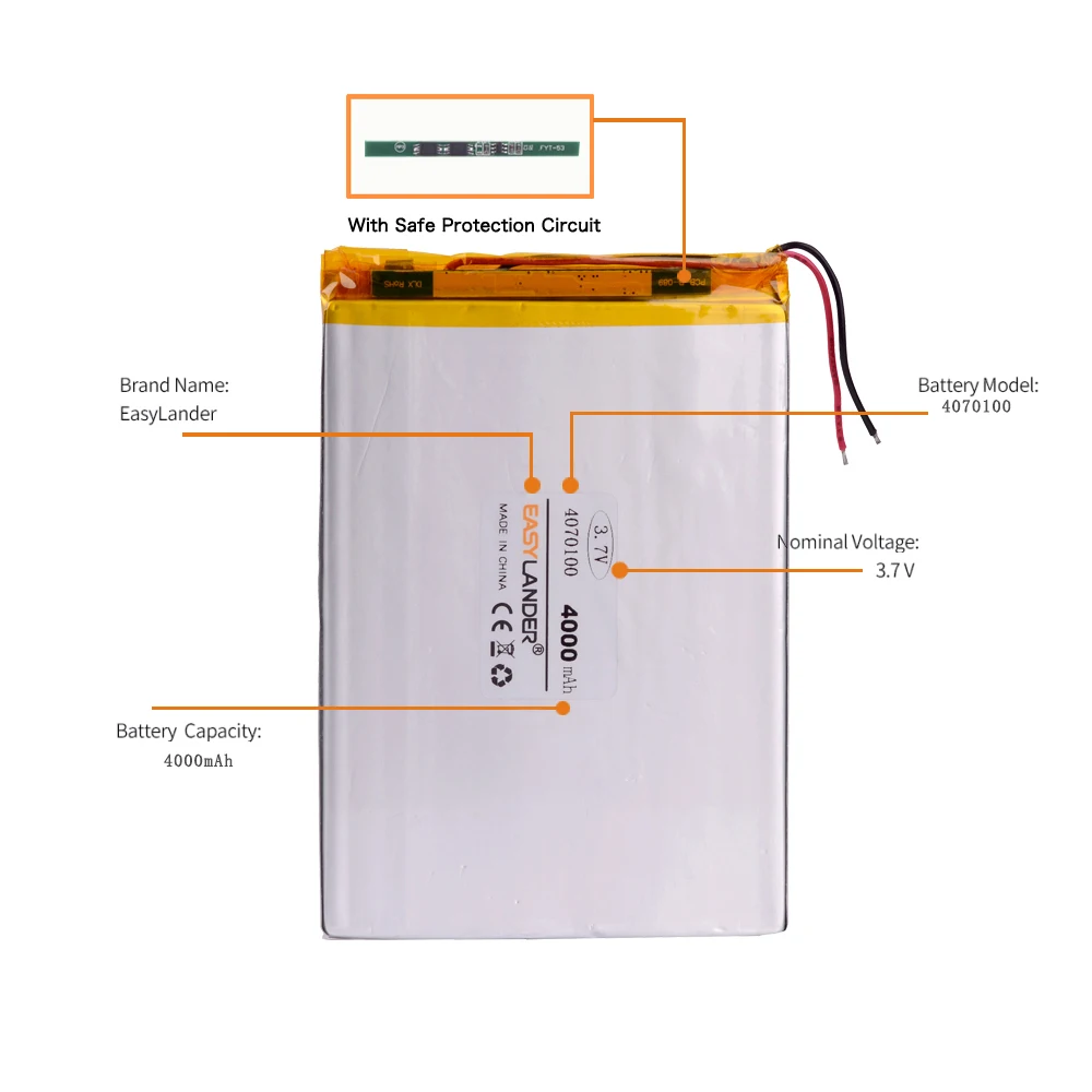 Vue de côté de la batterie Li-ion polymère 4070100 de 10 cm de long pour projets DIY