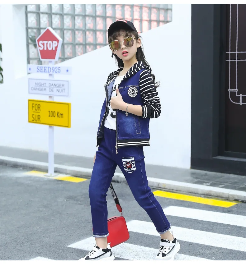 Girls 4-14 Years Casual Fashion Letters Print Stripes Jeans Coats+Blue Washed Jeans Pants Clothing Sets Spring Autumn Jeans Sets