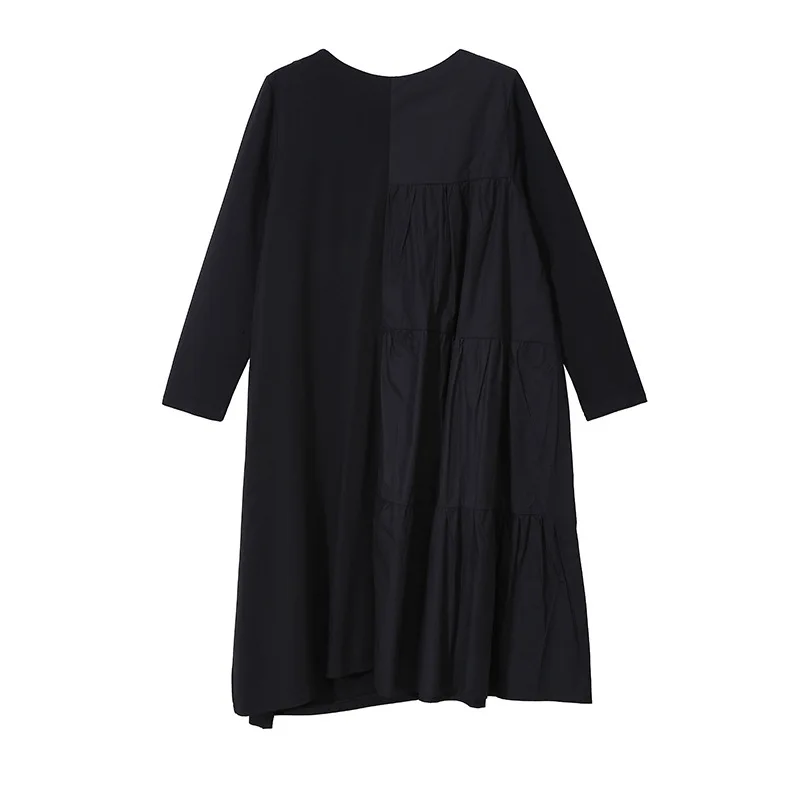[EAM] женское черное плиссированное платье большого размера с разрезом, новинка, круглый вырез, длинный рукав, свободный крой, мода, весна-осень, 1K730