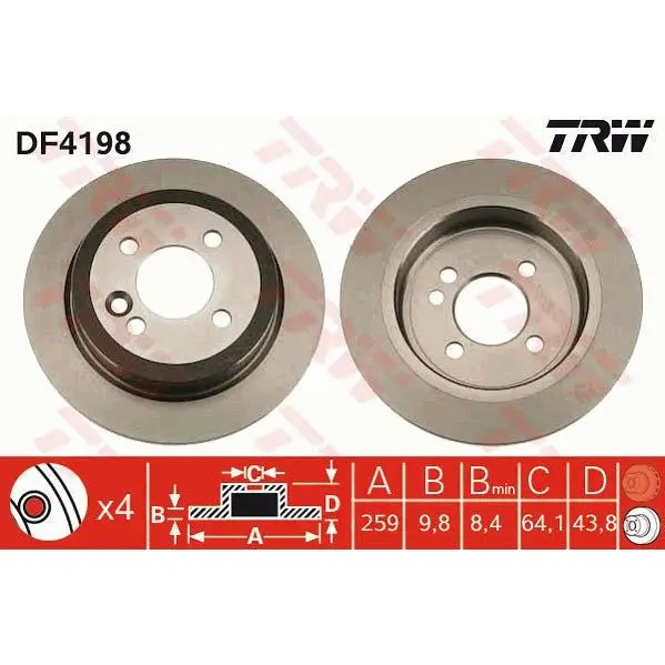 Диск тормозной задний Rover Mini One/Cooper 1.6/1.4D 01 TRW DF41