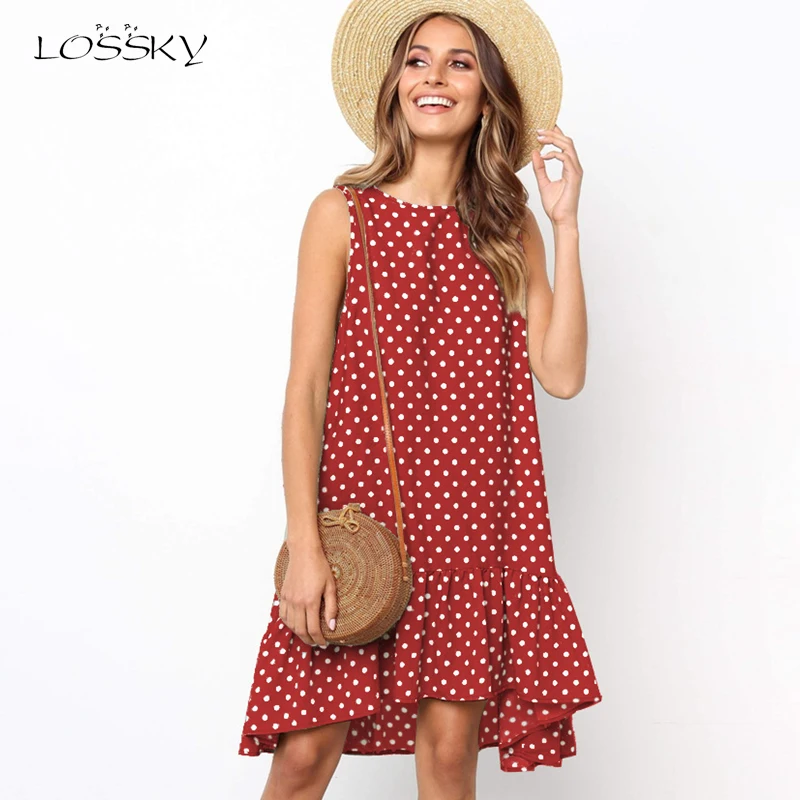 Lossky Women Summer Dress Polka Dot Chiffon Sleeveless Beach Mini Casual Yellow Sundress 2021 Fashion Plus Size Dress For Women 1