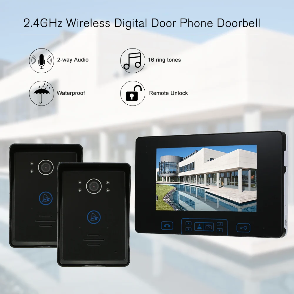 

2.4GHz Wireless Digital Door Phone Doorbell Intercom System 2* Indoor Monitor&1* Outdoor Camera 7 Inch TFT Indoor Monitor