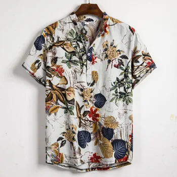 

2020 Summer Man Shirt Mens Ethnic Printed Stand Collar Cotton Linen Stripe Short Sleeve Loose Hawaiian Henley Shirt рубашка