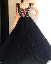 

Black Moroccan Muslim Evening Dresses A-line Tulle Appliques Beaded Long Luxury Turkey Dubai Saudi Arabia Prom Dress Gown