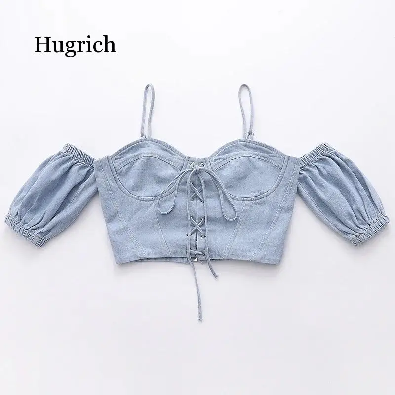 

2020 New Summer Fashion Sexy Denim Slim Suspender Backless Solid Cross Lace Bubble Sleeve Short Women