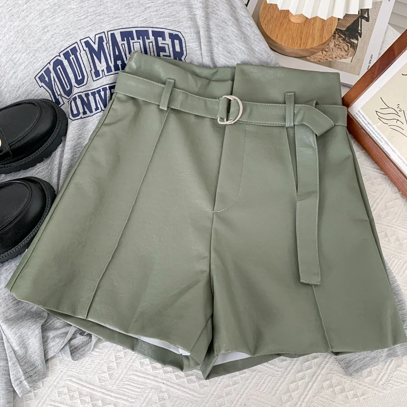 women's fashion Pu Leather Shorts Fashion High Waist Shorts Women  Wide Leg Soild Basic Bottoms Sashes Streetwear Trousers Clothes dickies shorts