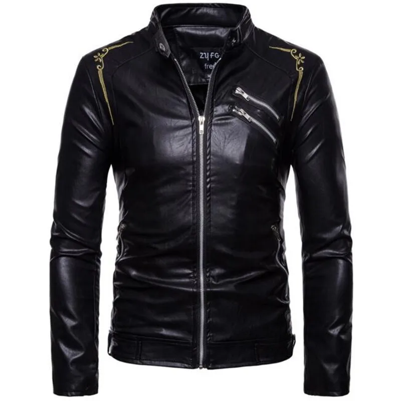 

Leather Jackets Men Black Sheepskin Fashion Zipper Fashion Deskigner Brand Gold Embroidery Streetwear Autumn Winter Male Coats