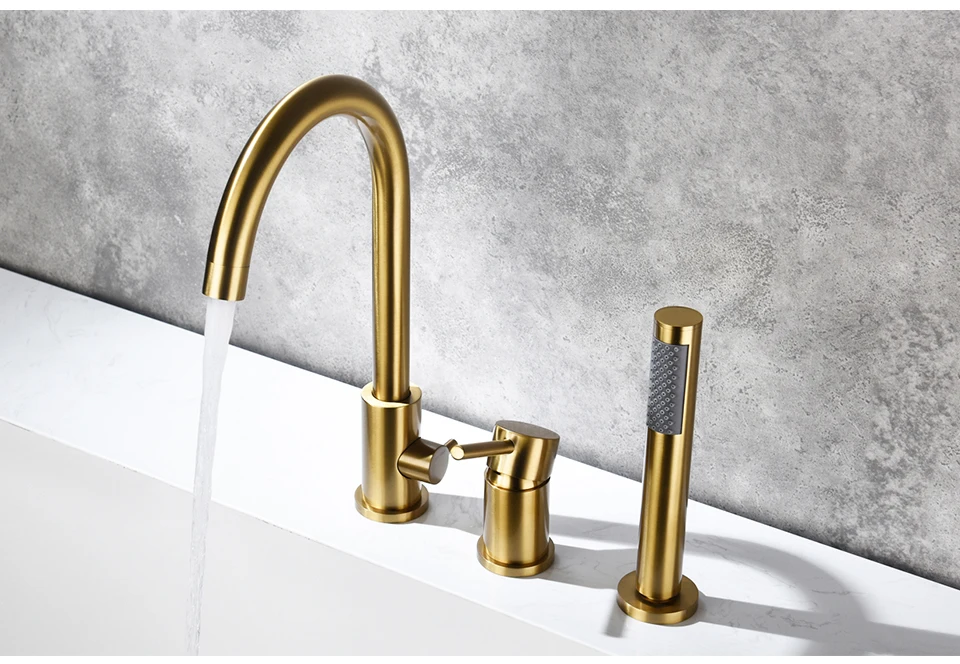 3 Hole Brass Brushed Gold Bathtub Faucet