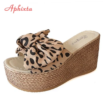 

Aphixta Leopard Cow Suede Bow 9cm Wedge Heels Slidess Women Platform Women Slipper Mulers Female Sandals Clog Shoes Women