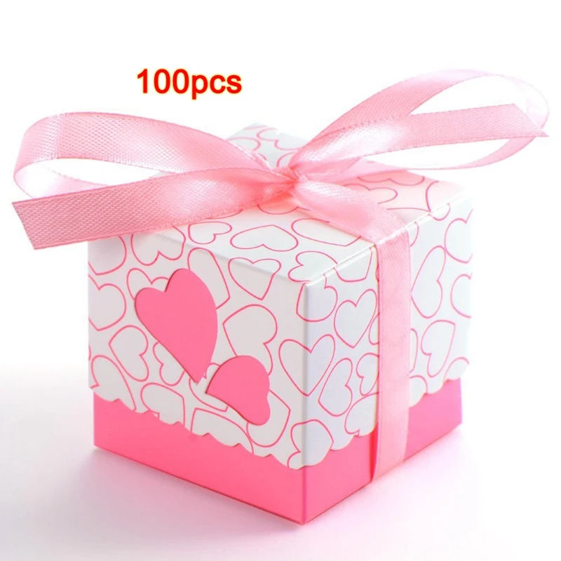 100x Dragee свадебные сердце декорация с крещением стол+ лента розовый