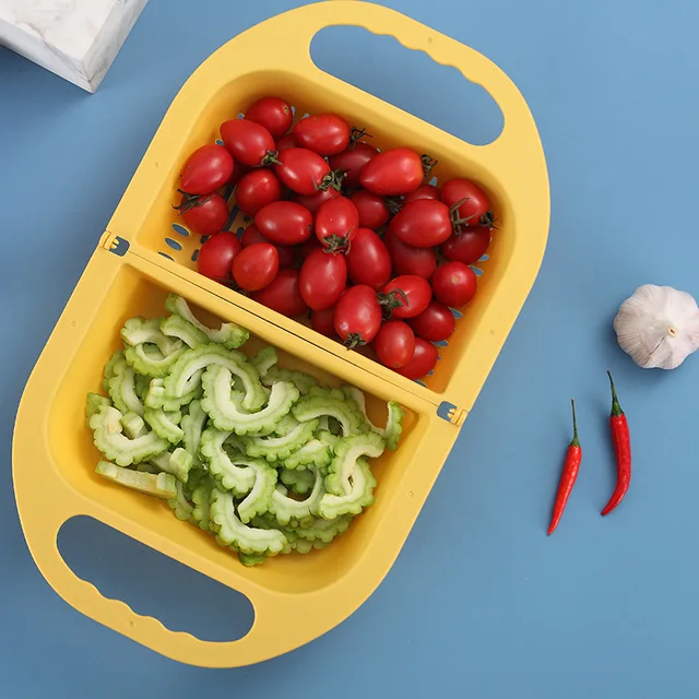 Kitchen Folding Drain Basket Plastic Vegetable Washing Basin Household Washing Storage Fruit Basket Strainers Kitchen Tool Yellow