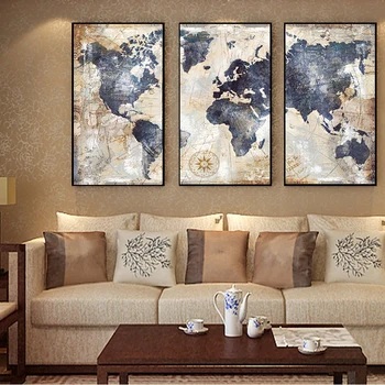 

3Panel Vintage World Map Modular Painting on Canvas Posters and Prints Scandinavian Cuadros Wall Art Picture for Living Room