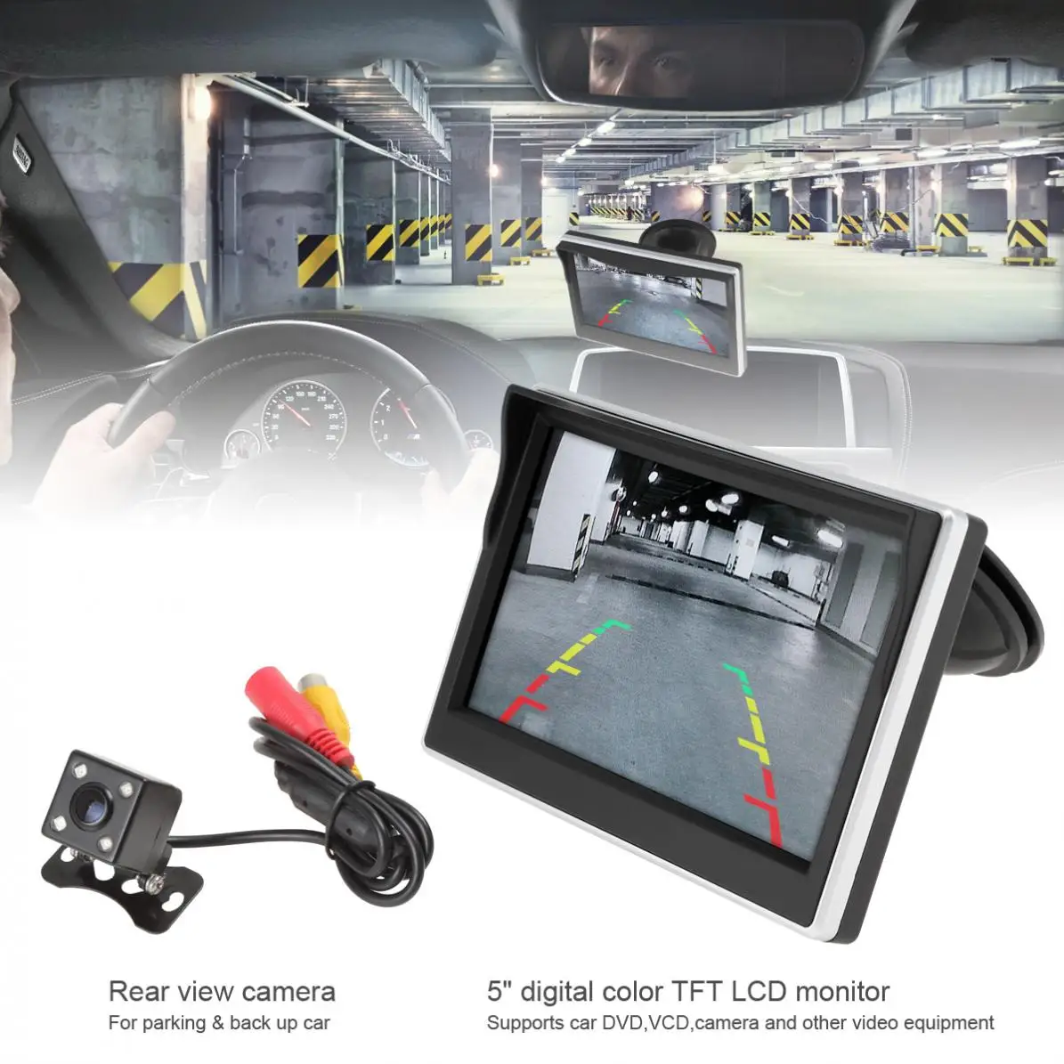 

5 Inch Car TFT LCD Monitor 800*480 16:9 Screen 2 Way Video Input +170 Degrees Wide Angle Lens Night Vision Rear View Camera New