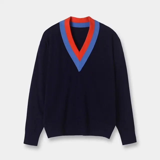 Тёмно-синий Темно-синий/серый Женский F/W хлопковый смешанный двойной v-образный вырез модный длинный рукав вязаный свитер пуловер Джемпер Топ - Цвет: Тёмно-синий