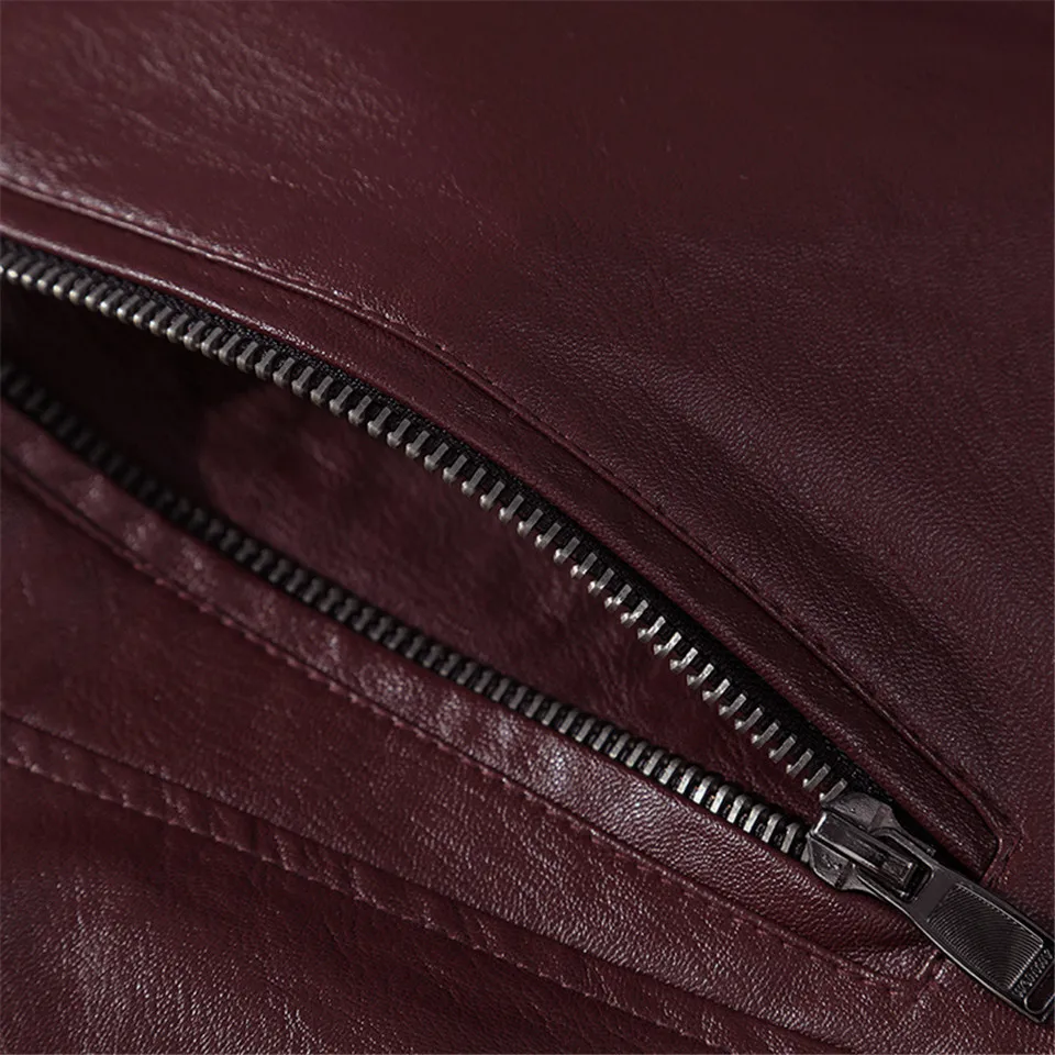Men Jacket Leather Red/Black Coats Slim Fit Fleece New Stand Collar Top Jacket Parkas Thick Warm Faux Fur Male Clothing