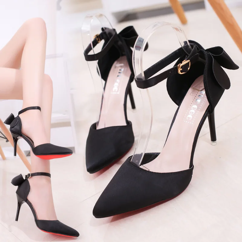 

Korean fashion slim heel super high heel suede shallow pointed hollowed-out small bow-tied sandals