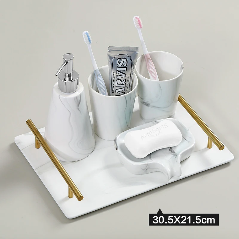 5Pcs Direct sales Nordic modern marble pattern bathroom ceramic toothbrush cup mouth cup soap dish soap bottle wedding gift set - Цвет: as the picture shows