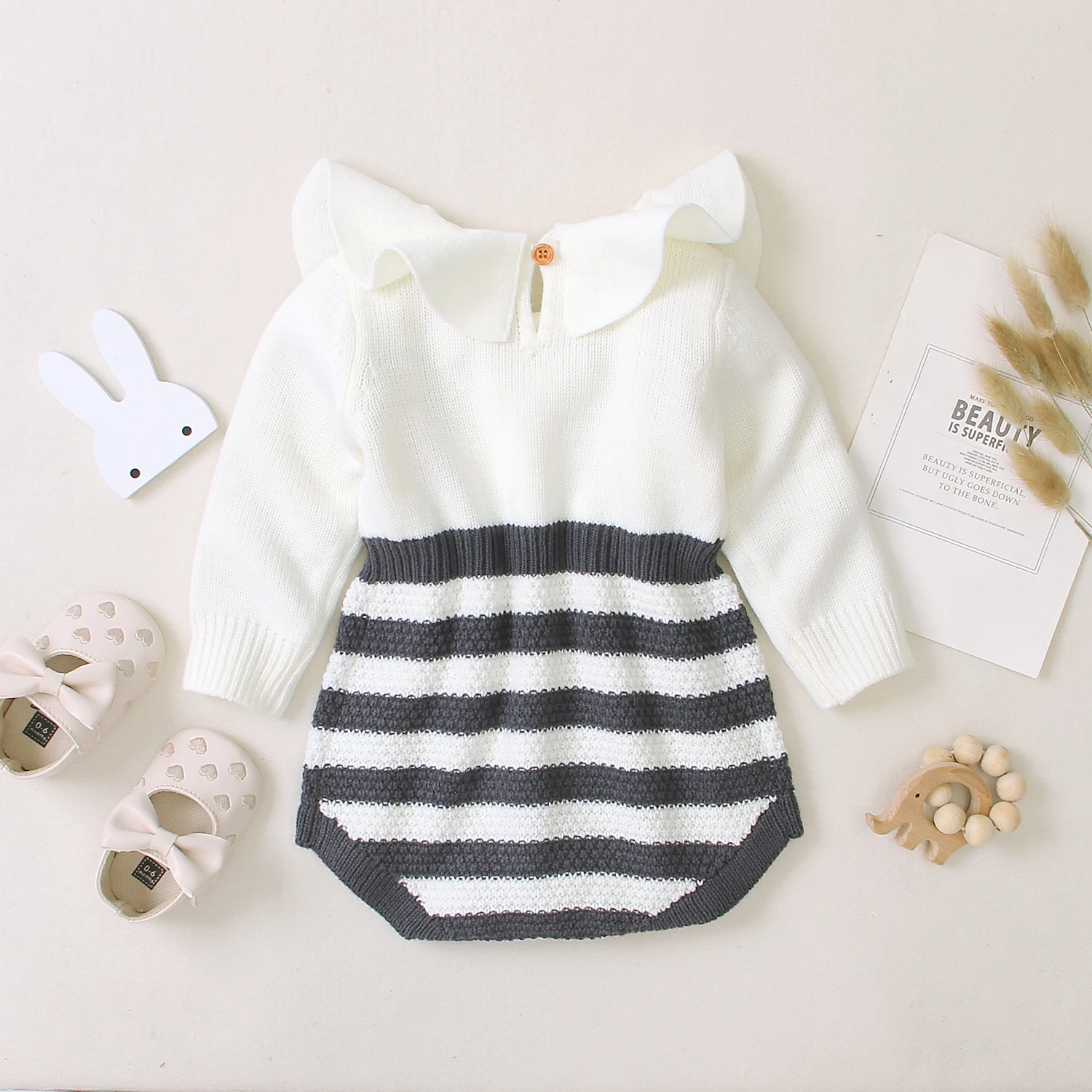 0-18M Cute Infant Kids Baby Girls Sweater Rompers Knit Long Sleeve Striped Patchwork Peter Pan Collar Jumpsuits