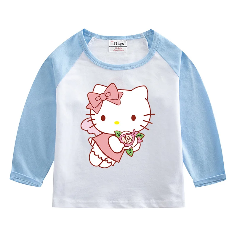 thumbnail image 1 of Hello Kitty-Camiseta de algodón puro para niños, camiseta que absorbe la humedad, Tops contrastantes dulces a la moda, camisetas deportivas informales de manga larga para bebé, 1 of 5