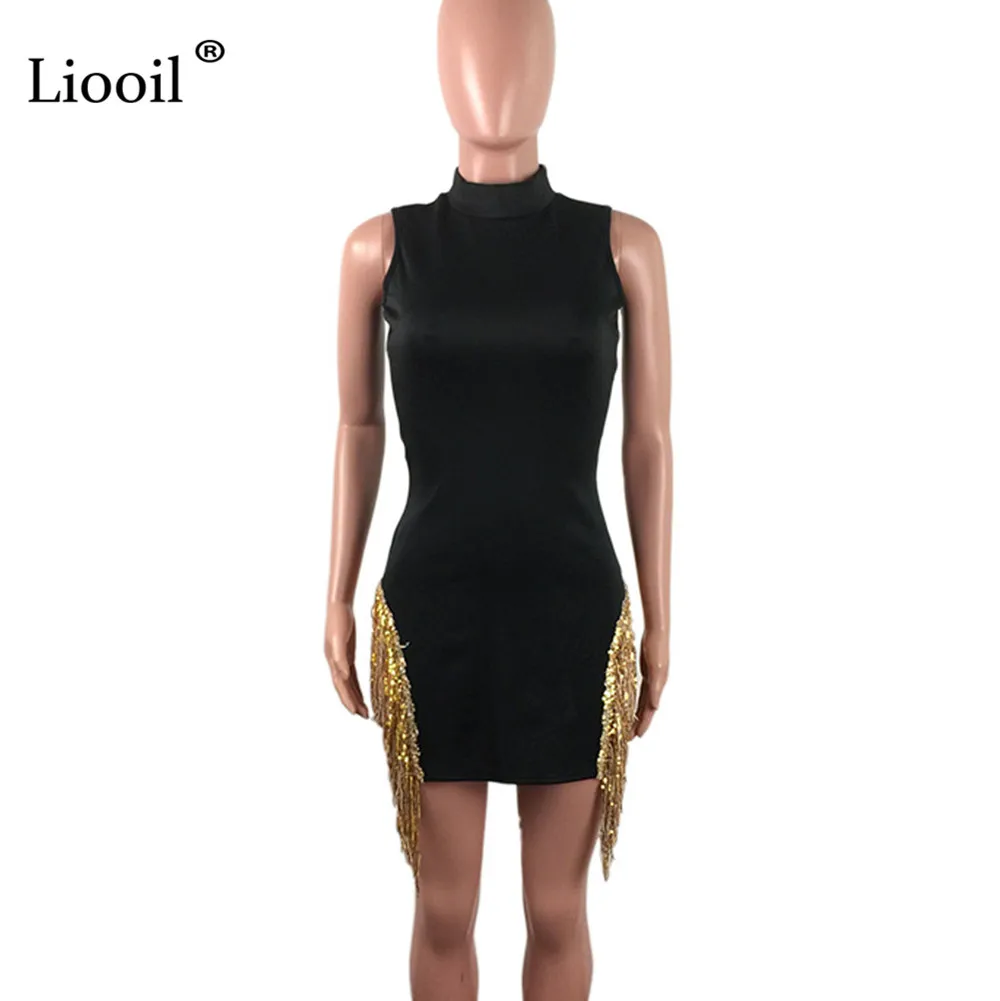 Liooil, черное облегающее мини-платье с кисточками, женская одежда, сексуальная клубная одежда, без рукавов, с круглым вырезом, облегающие Женские вечерние платья
