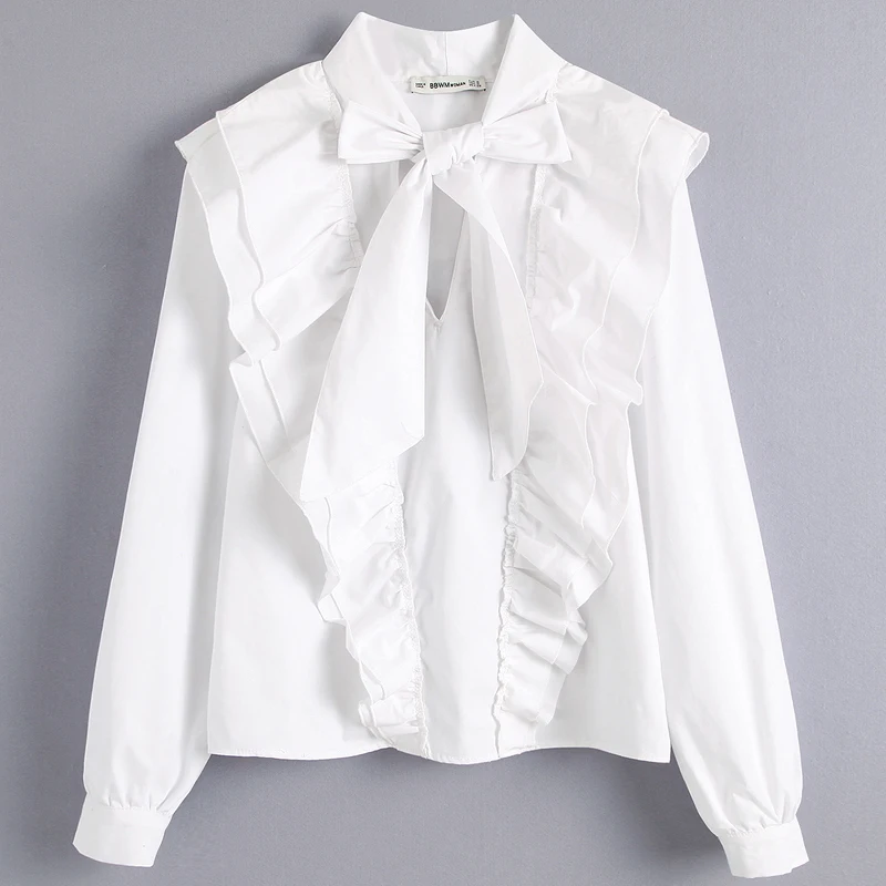 

RR Ruffles Bow Collar Blouses Women Fashion Cotton Shirts Women Elegant Solid Long Sleeve Tops Female Ladies HS