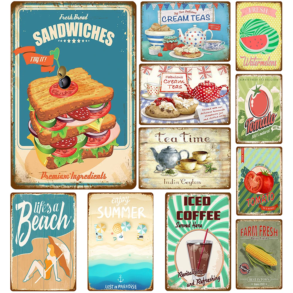 

Drinks Posters Vintage Coffee Metal Tin Sign Plaque Retro Fruit Art Iron Painting Home Bar Fast Food Shop Decorative Plates