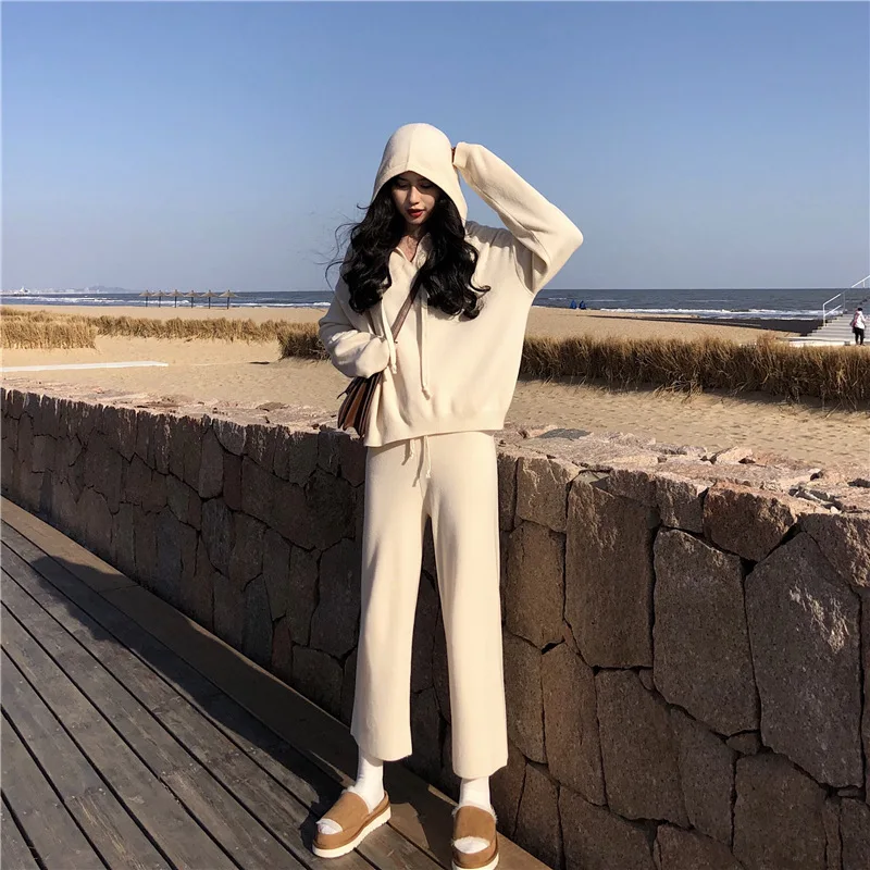 

2019 Autumn & Winter Hong Kong Style Hooded Pullover Sweater Loose-Fit Hoodie High-waisted Casual Knit Pants Two-Piece Set