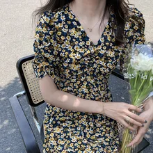 Vestido de margaritas 2020 vestido francés de primer amor plisado Floral de manga corta vestido de mujer de longitud media