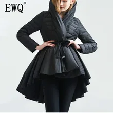 [EWQ] Зима, высокое качество, с капюшоном, воротник, длинный рукав, сплошной цвет, ассиметричный, пэчворк, Регулируемая Талия, с хлопковой подкладкой, AC417