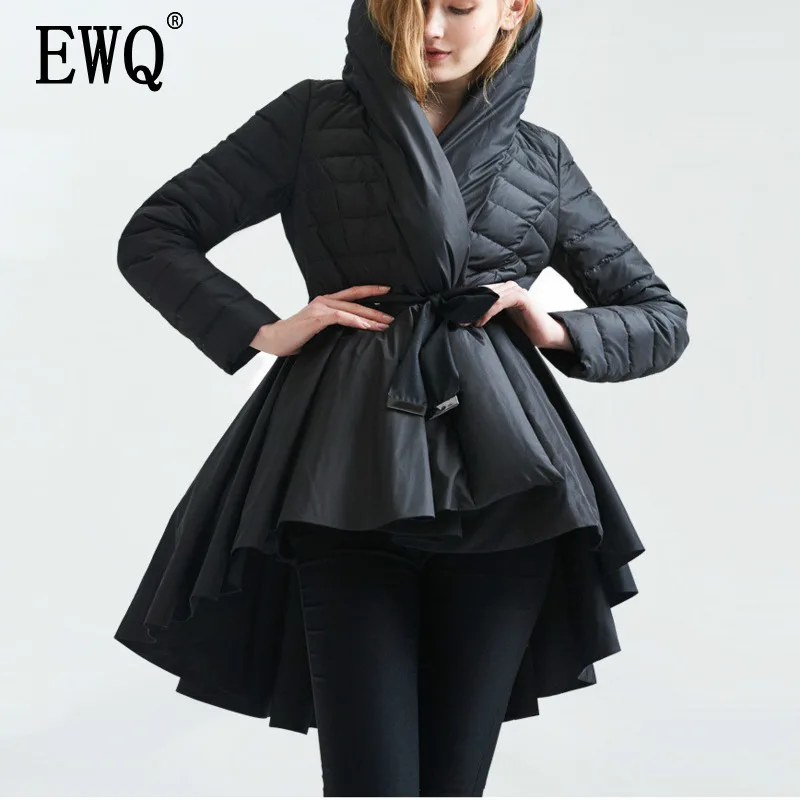 

[EWQ]2019 Winter High Quality Hooded Collar Long Sleeve Solid Colors Asymmetrical Patchwork Adjustable Waist Cotton-padded AC417