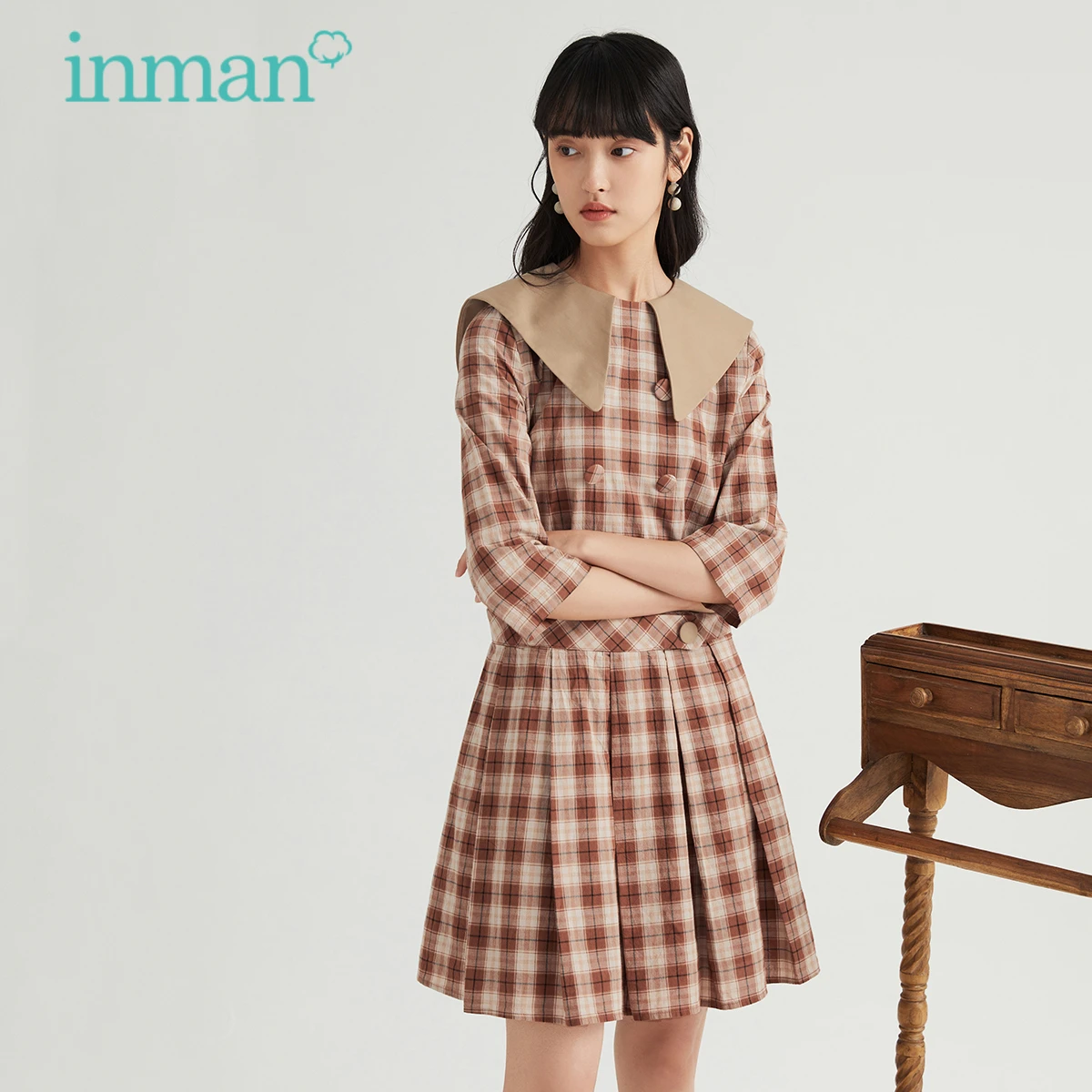 Inman Women S Dress Spring Autumn Vintage Sweet Plaid Pleated Hem Pure Cotton A Line One Piece Dresses Aliexpress