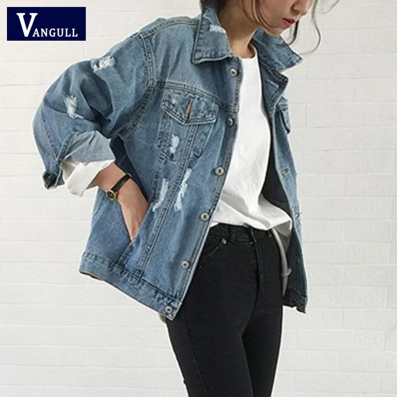 wonderful  Women Basic Coat Hole Denim Jacket 2019 Spring Autumn Casual New Long Sleeve Jean Jacket Loose Fit 