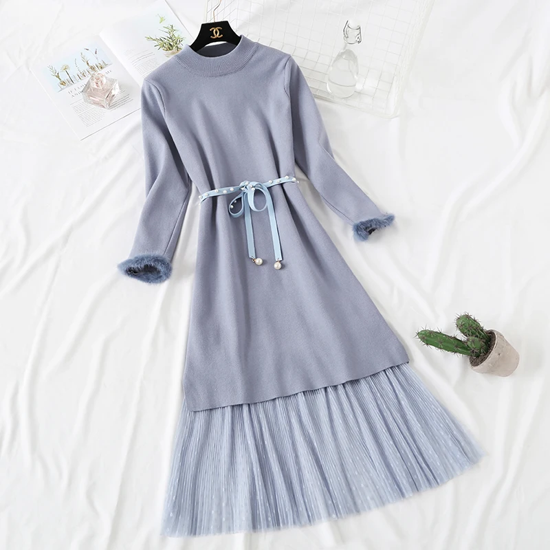 

2019 New Spring and Autumn Women's Long Skirt Suit Retro Long Knitted Sweater Dress + Elastic Waist Gauze Skirt Two Piece Set
