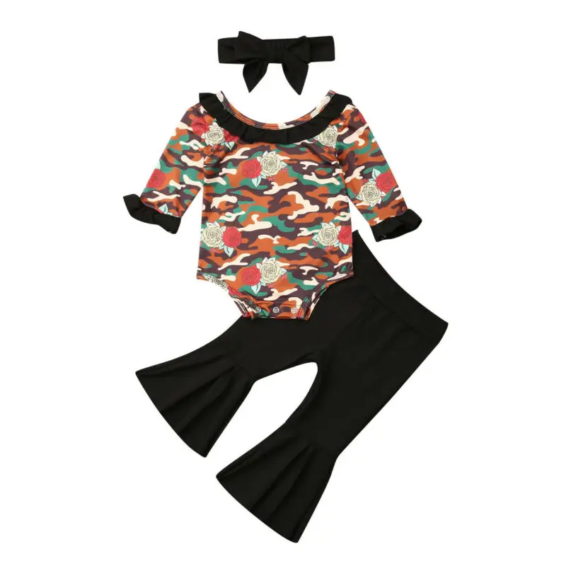

New Toddler Baby Girls Kid Camouflage Romper Bell-bottoms Headband Autumn Clothes