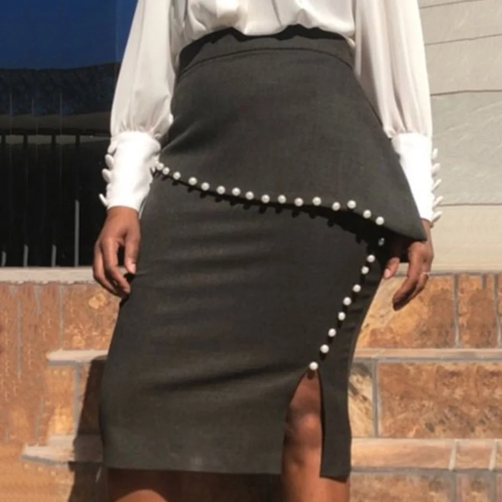 Женские юбки с серыми бусинами и высокой талией, женские офисные рабочие юбки с разрезом, женские юбки бодикон в африканском стиле, летние юбки