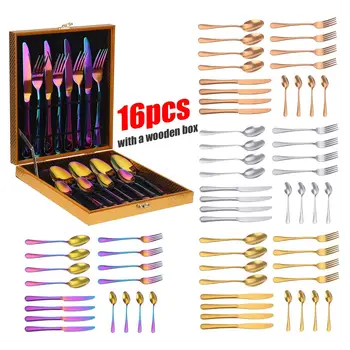 

16pcs Luxury Dinnerware set Tableware Wedding Cutlery Stainless steel Dinner set with Wooden Box Party Decoration Gift