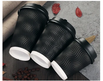 

100pcs Black disposable Corrugated cup with cover paper cup coffee cup thermal insulation cup milk tea cup free shipping